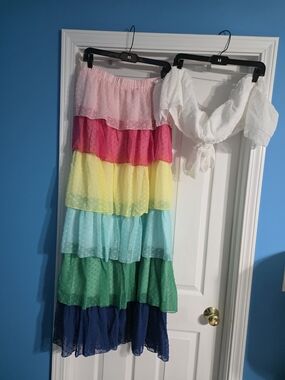Rainbow Tiered Ruffle Maxi Skirt with White Off-Shoulder Top